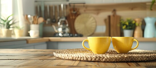 Poster - Kitchen has yellow cups on a wicker mat with copy space for text.