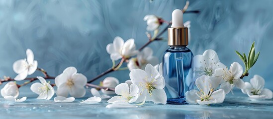 Poster - Blue cosmetic oil bottle with white flowers, blank copy space image.
