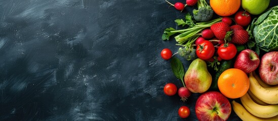 Sticker - Fresh, nutritious fruits and vegetables displayed on a chalkboard with copy space image.