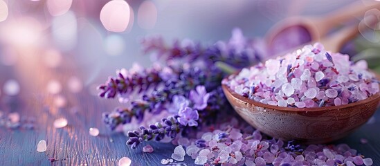 Poster - Spa setting with relaxing sea salt and lavender flowers, featuring a serene ambiance and a soothing environment with copy space image.