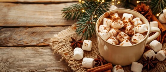 Poster - Hot chocolate served in a cup garnished with marshmallows, cinnamon, and anise on a wooden background with copy space image.