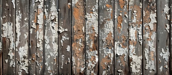 Poster - Rustic brown wooden boards outdoors provide a weathered background with peeling paint texture for a copy space image.