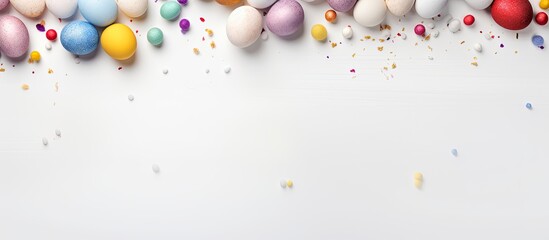 Leinwandbilder - White background with Easter eggs, bunny, and copy space image, creating an Easter-themed top-view scene.