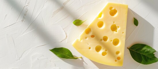 Poster - Top view of a chunk of Maasdam cheese with holes on a white background with harsh shadows, accompanied by a green leaf, a healthy breakfast sandwich concept with a copy space image.