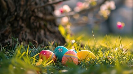 Colorful Easter eggs hidden in grass around a tree for Easter