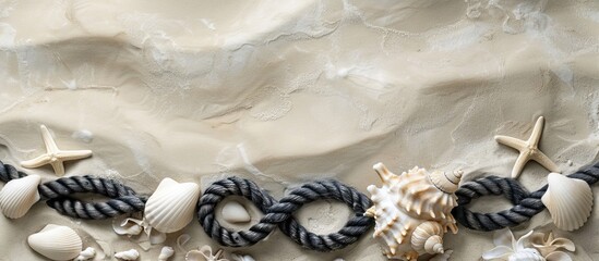 Aufkleber - A marine-themed scene with seashells, starfish, and a nautical black and white knot on sandy beach with free copy space image.