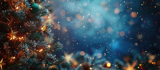 Poster - Flare copy space image for a festive New Year postcard design, featuring a Christmas fir-tree and starlight.