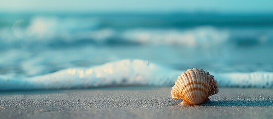 Aufkleber - A seashell resting on the sandy beach with a tranquil ocean backdrop in a serene setting, ideal for a minimalist copy space image.