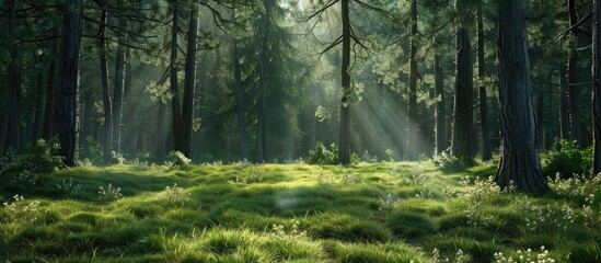 Poster - Lush green grasses in a forest setting with tall pine trees, creating a serene backdrop.