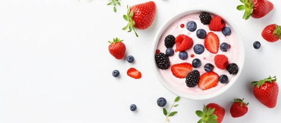 Poster - Delicious and healthy breakfast with strawberry yogurt, milk, and ripe currants and strawberries on a light background, top view with space for an image.