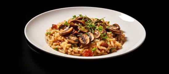Aufkleber - Top view of a mushroom risotto on a white background with copy space image available.