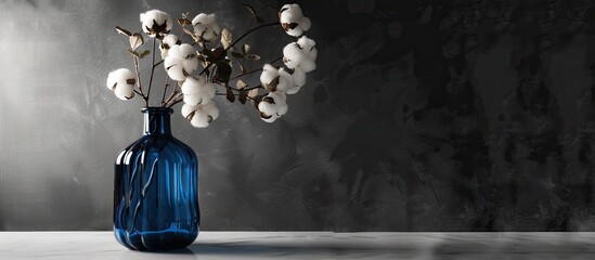 Poster - Side view of a dark blue glass bottle adorned with a cotton flower set against a white and black background with copy space image available.