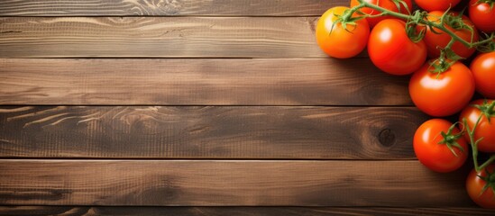 Poster - Wooden table background with orange tomatoes as a copy space image.