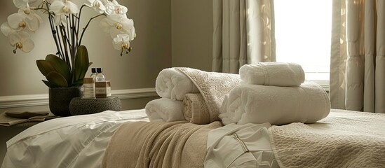 Poster - The treatment table is adorned with pillows and towels, creating a serene atmosphere with the potential for a copy space image.
