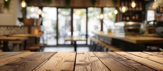 Poster - Empty brown wooden table with selected focus and blur Coffee shop background, perfect for photomontage or product display with copy space image.