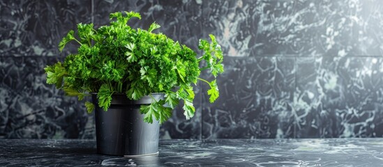 Poster - A pot of parsley (Petroselinum crispum) within a kitchen setting with a plain background for text or design elements - also known as a copy space image.