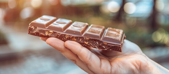 Sticker - Close-up of an unidentified Caucasian man's hand holding a partially consumed chocolate bar, showcasing unhealthy processed sugar sweets with copy space in a blurry background.