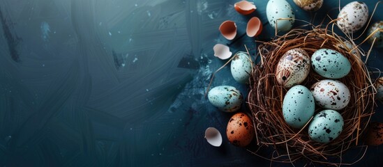 Poster - Celebrate Easter with nests, eggs, and a dark blue background providing ample copy space image.