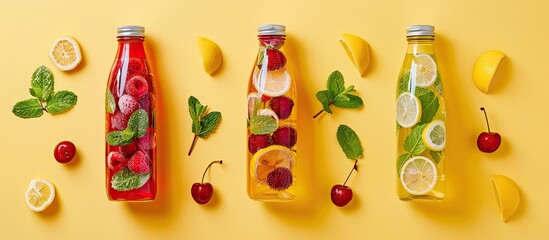 Poster - Cherry, lemon, and mint infused water in bottles against a yellow background in a top view with ample copy space image.