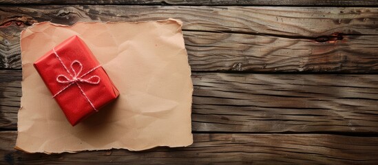 Aufkleber - Wooden table with a red gift on a sheet of paper, copy space image.