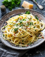 Wall Mural - a plate of pasta with parmesan cheese and parsley