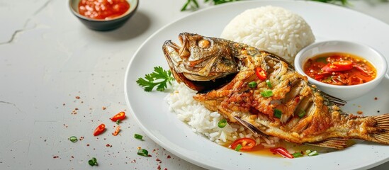 Sticker - Delicious fried fish on a white plate, ideal with rice and chili sauce, with copy space image available.