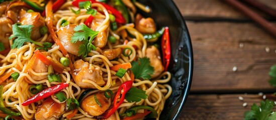 Poster - Close-up view of Asian food in a chicken wok noodle dish with ample copy space image.