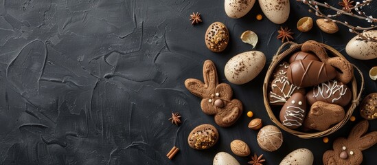 Aufkleber - Popular Easter treats like chocolate eggs and bunny cookies placed on a black background in a top view layout with space for adding text or images.