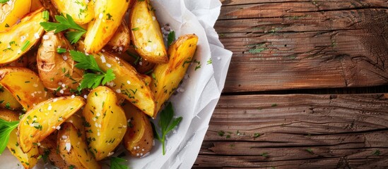 Poster - Top-down view of salted and dilled potato wedges on white paper against a background of dark wood, with copy space image.