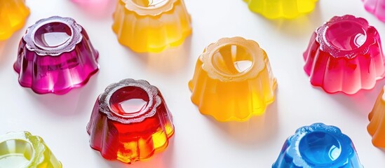 Poster - Transparent round fruit jelly set on a white surface with a clear area for adding images or text, known as a copy space image.