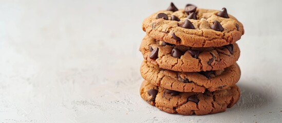 Poster - A mouthwatering stack of Chocolate Chip Cookies on a white surface with copy space image.