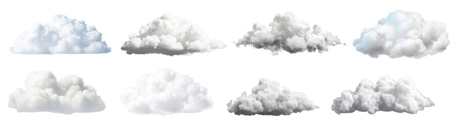 set of white fluffy clouds, rendered in a realistic style, are isolated on a white background. the c