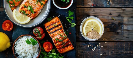 Poster - View from above of a nutritious meal featuring grilled salmon with rice, pickled ginger, soy sauce, tomato, lemon, and herbs on a dark wooden surface, ideal for incorporating text or other images.