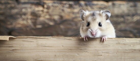 Poster - A small adorable white hamster stands beside a banner with available copy space image.