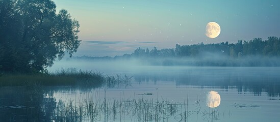 Poster - Scenic view of a lakefront with the moon partially obscured, suitable for a copy space image.