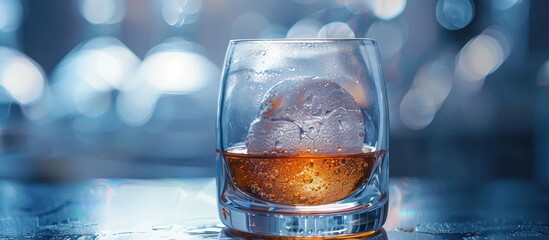 Poster - Close-up view of a spherical ice cube and whiskey in a studio setting with copy space image.