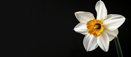 Poster - White daffodil on a black background, creating contrast with copy space image.