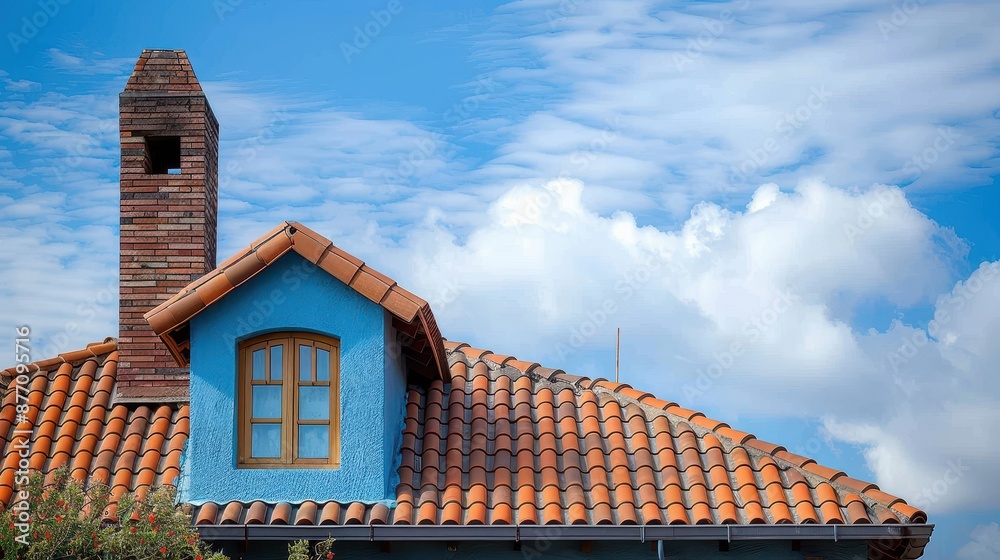 A vibrant blue house with a prominent brick chimney features red roof ...