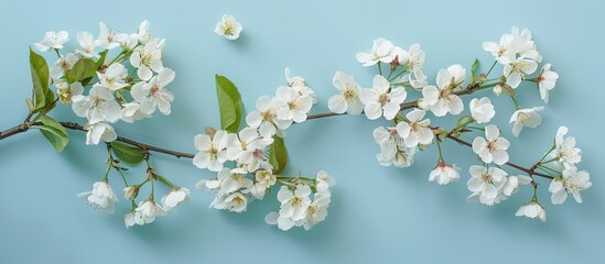 Aufkleber - Bird cherry's white blossoms against a blue backdrop create a floral abstract in a flat lay composition with copy space image.