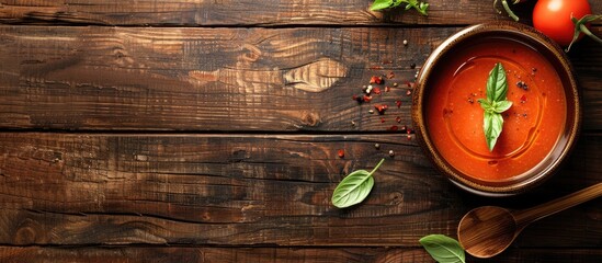 Aufkleber - Wooden background with a bowl of tomato cream soup featuring copy space image.