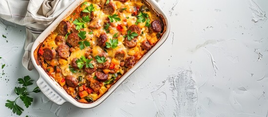 Poster - Savory sausage casserole on baking dish displayed on a white table with space for text in the image.