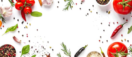 Poster - Top view background of spices, herbs, and organic vegetables for cooking on a white backdrop with copy space image.