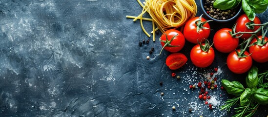 Poster - Cooking essentials like pasta, tomatoes, and herbs neatly arranged on a stone table from a top-down perspective, creating a visually appealing image with available space for additional content.