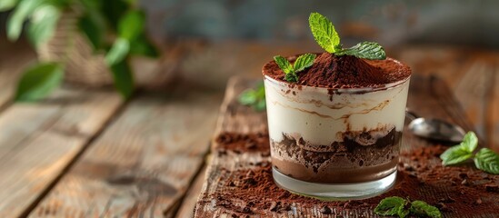 Sticker - Delicious tiramisu and mint presented in glassware on a bright wooden surface with room for a caption in the copy space image.