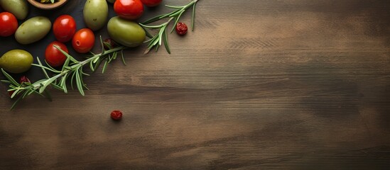 Poster - Arrangement of green olives, cheese, cherry tomatoes, and a sprig of fresh thyme on a wooden cutting board, set on a textured surface with copy space image.