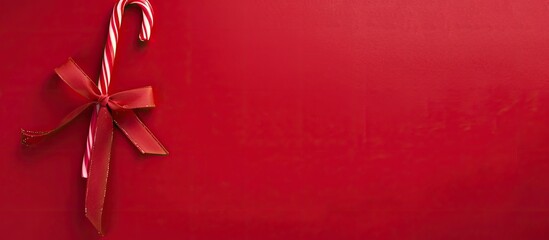 Aufkleber - Christmas theme with candy cane and red ribbon on red backdrop, arranged for a flat lay composition with copy space image.