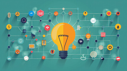 Poster - A colorful, abstract image of a light bulb with a bunch of icons surrounding it. Concept of a network of ideas and information, with the light bulb representing a new idea or concept
