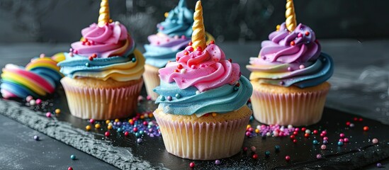 Poster - Unicorn cupcakes creatively displayed on a black slate with ample copy space image.