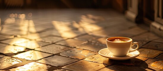 Aufkleber - Cappuccino cup on the table corner against a blurred tiled floor, with copy space image.