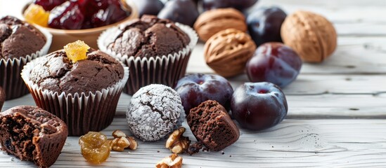 Poster - Assorted sweet treats like chocolate muffins, jelly, plums, and walnuts beautifully arranged on a white wooden table with ample copy space image.